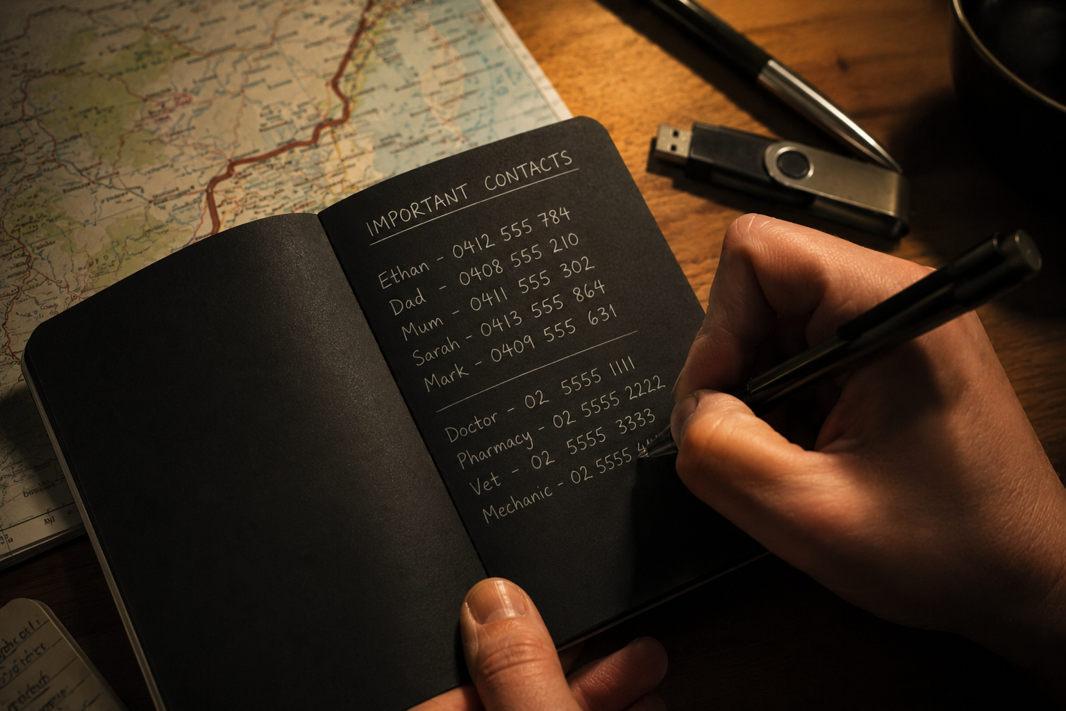 A handwritten contacts list and printed backup codes in a notebook