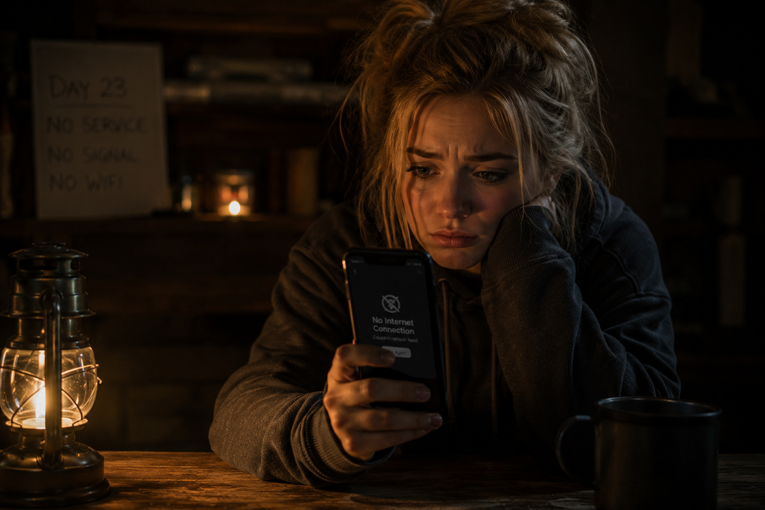 A blank dead phone screen held in the dark — no signal, no access