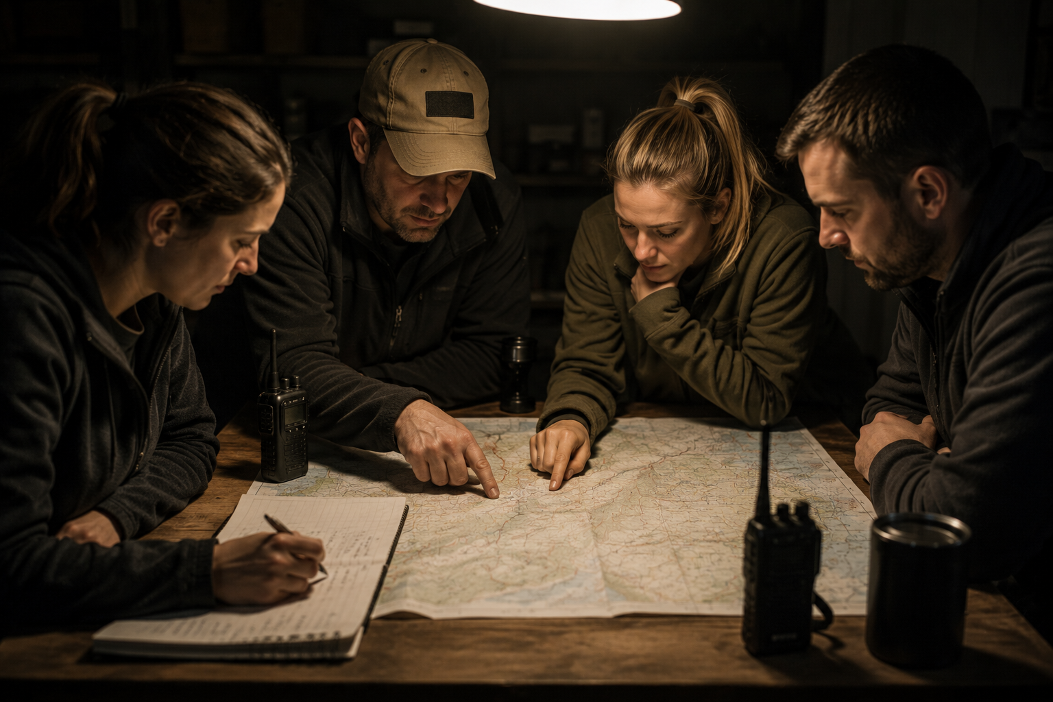 A group planning around a paper map with radios and notebooks on the table