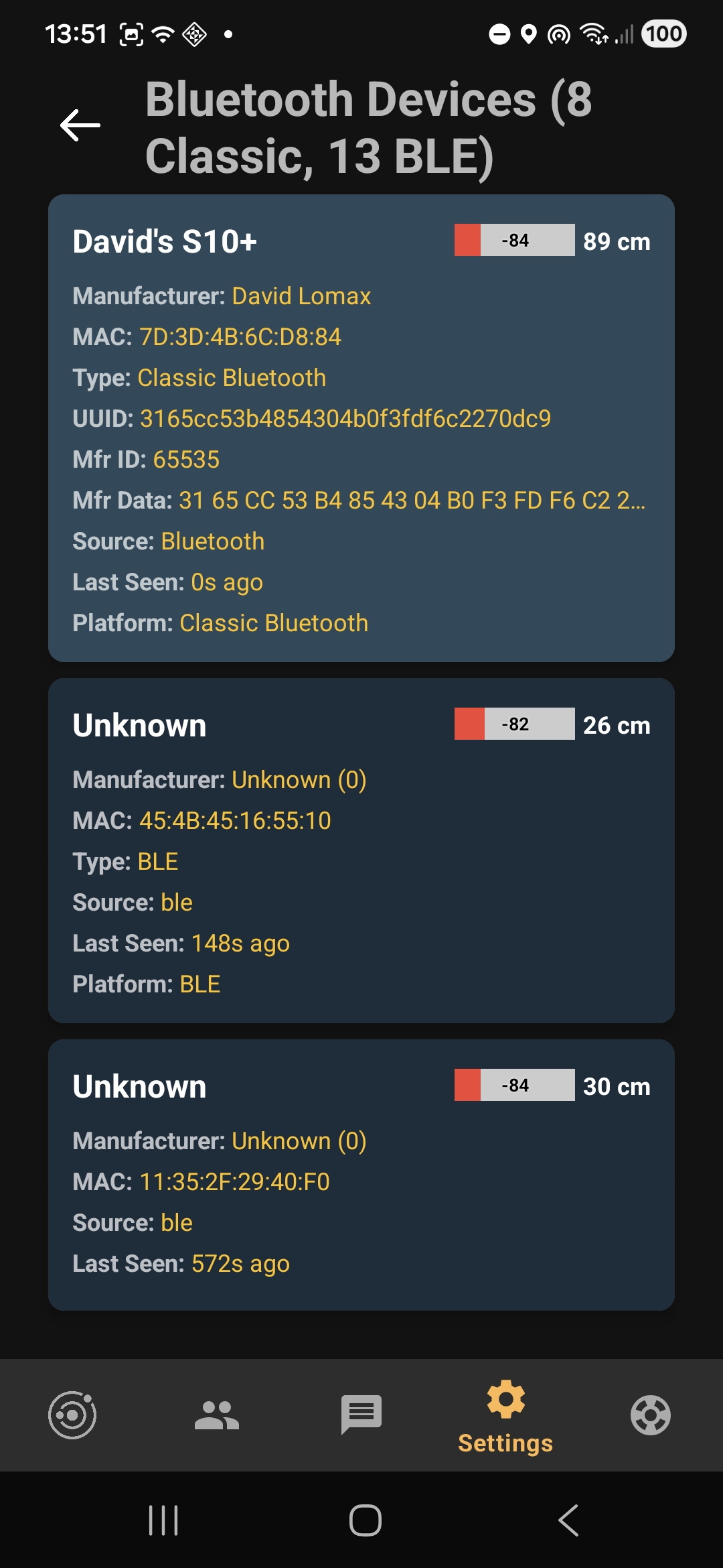 Nearby Bluetooth devices list