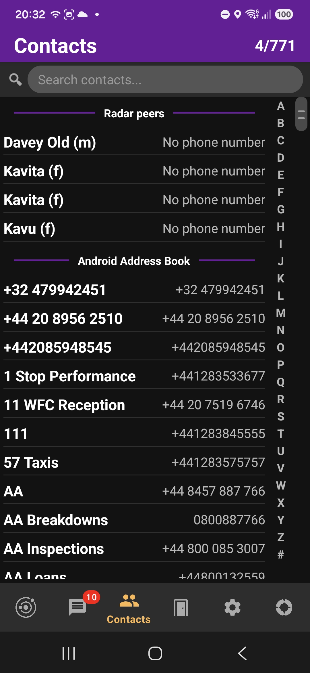 Contacts browser screen