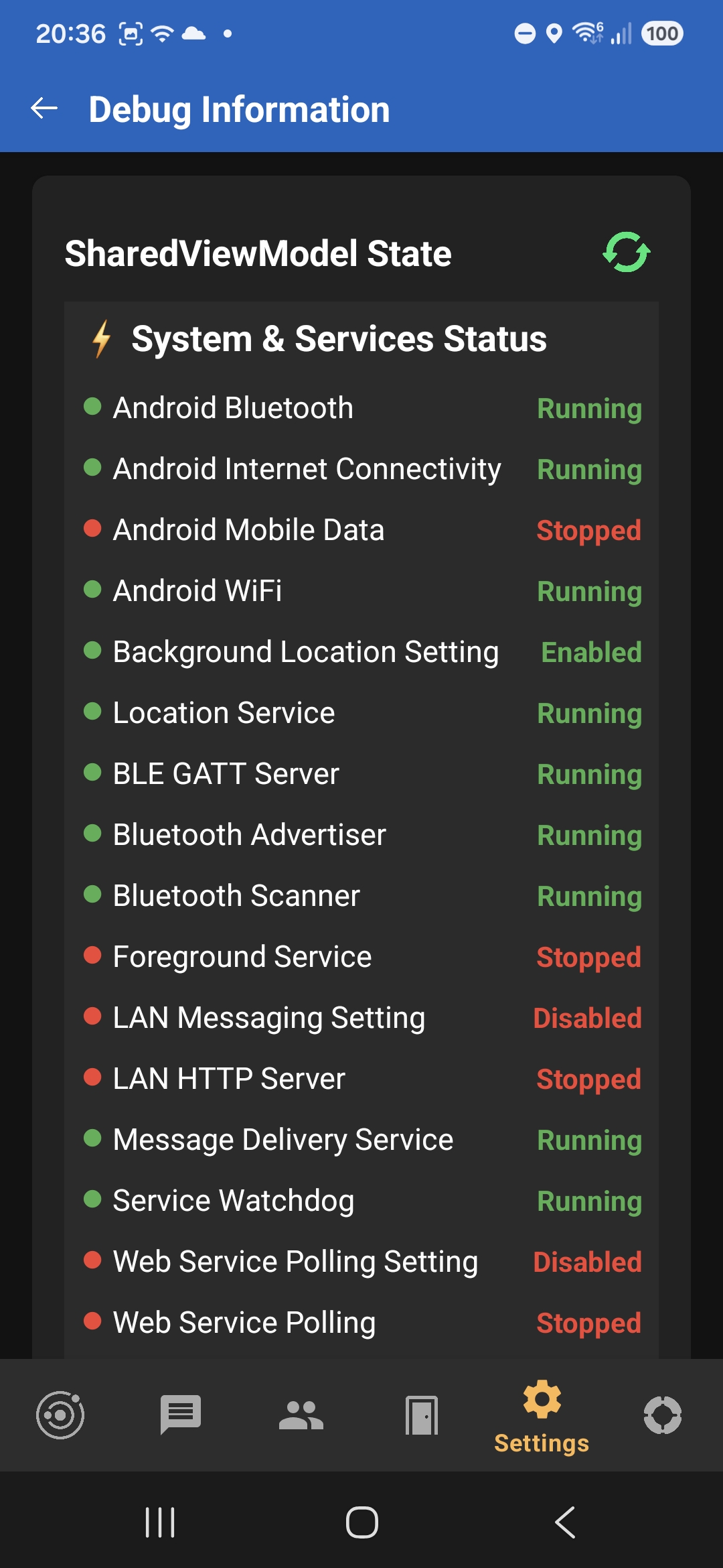 Developer debug services screen
