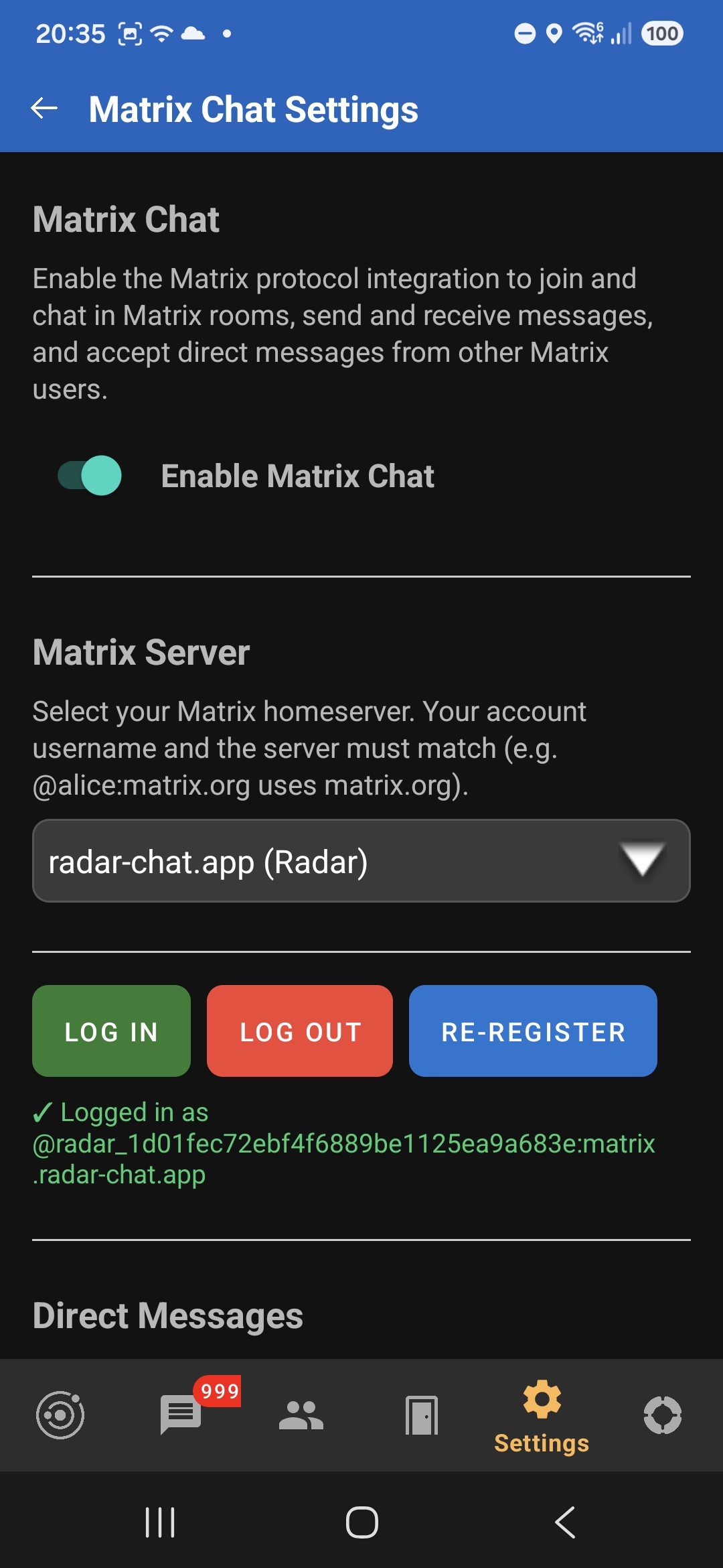 Matrix chat settings screen