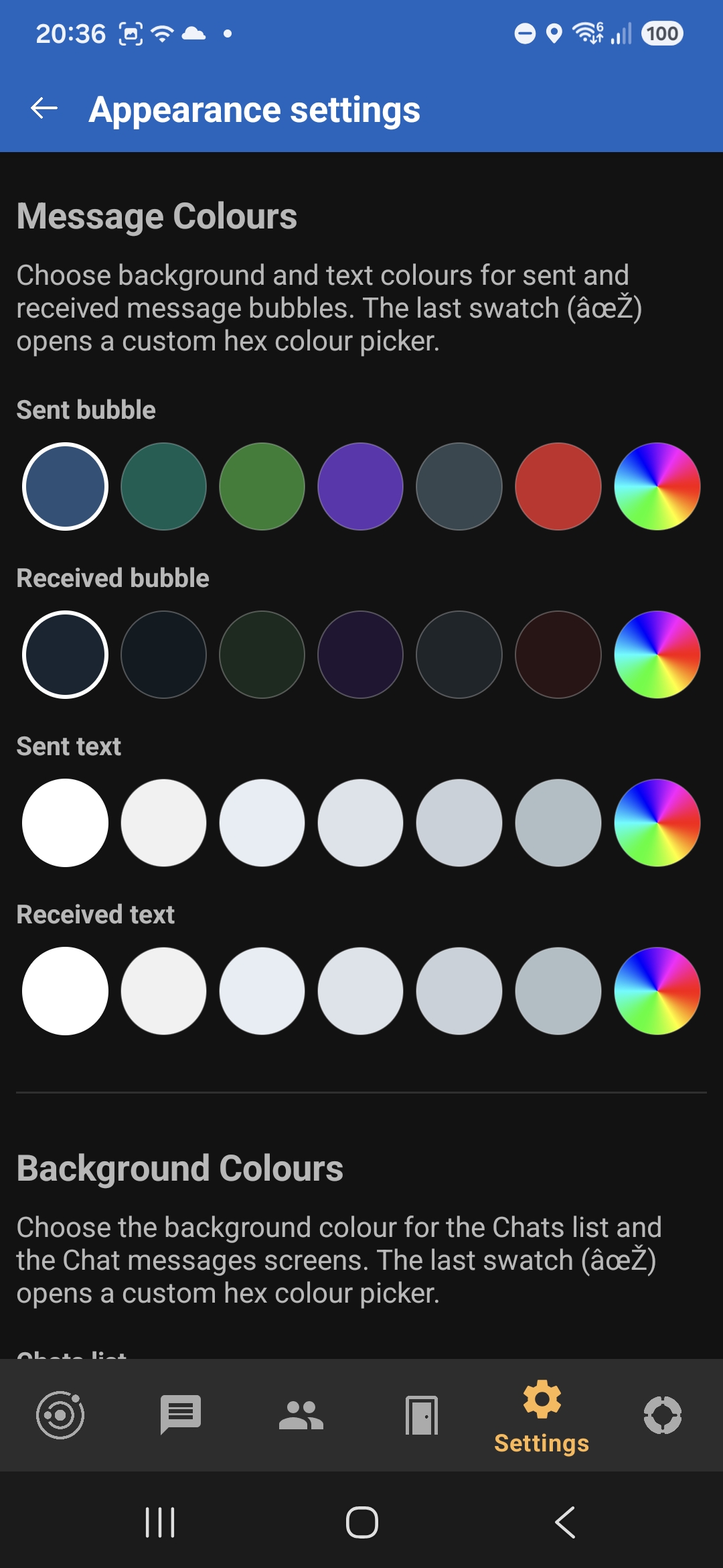 Message text colour settings