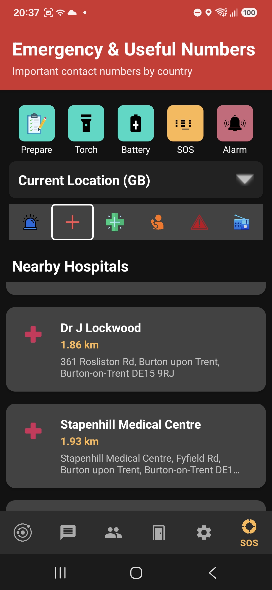 Nearby hospitals shown on map