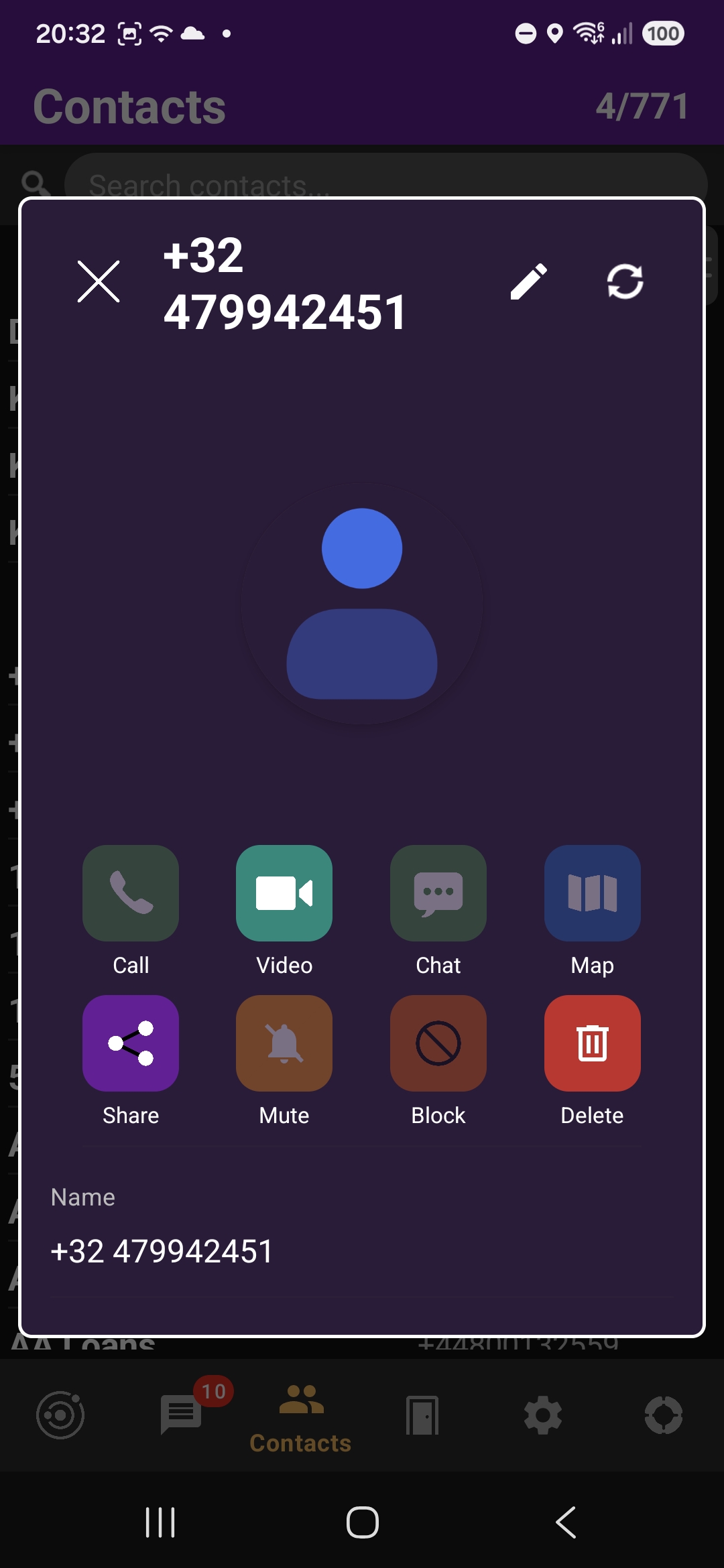Phone contact detail screen