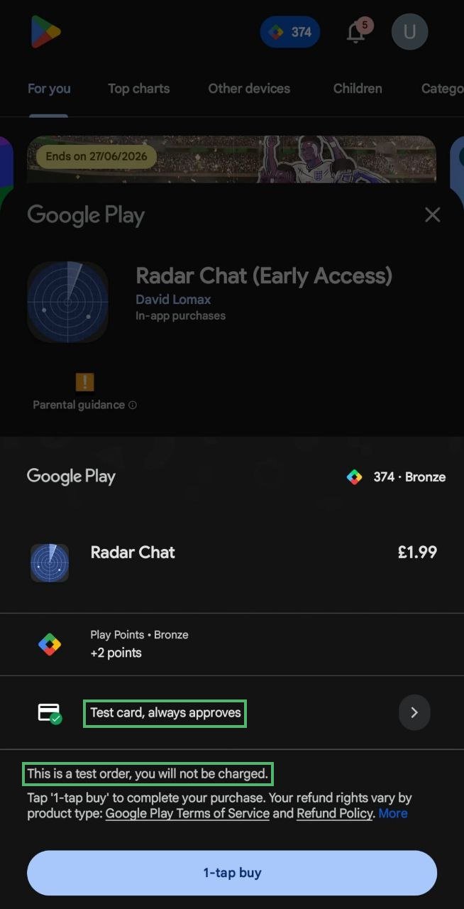 Selecting the Test card, always approves payment method