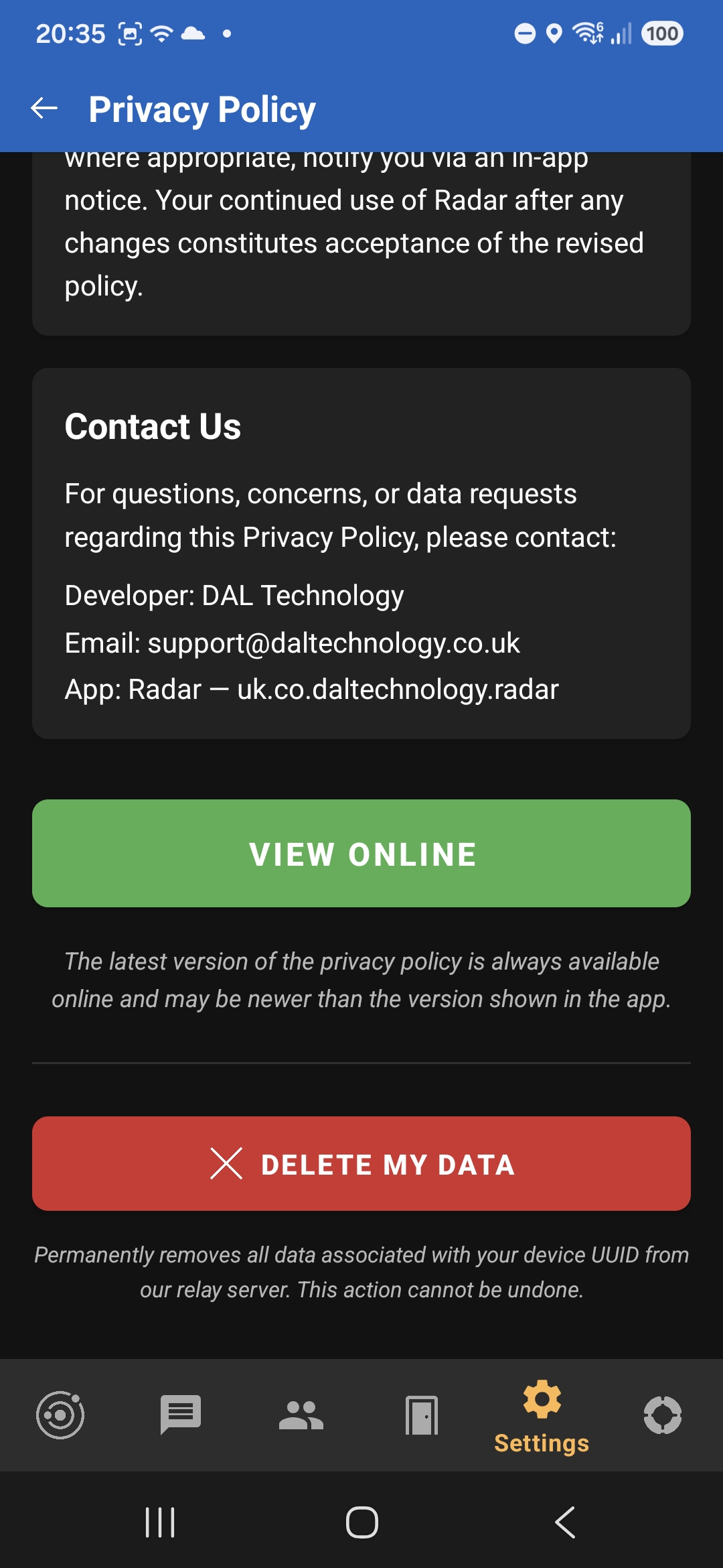 In-app privacy policy screen