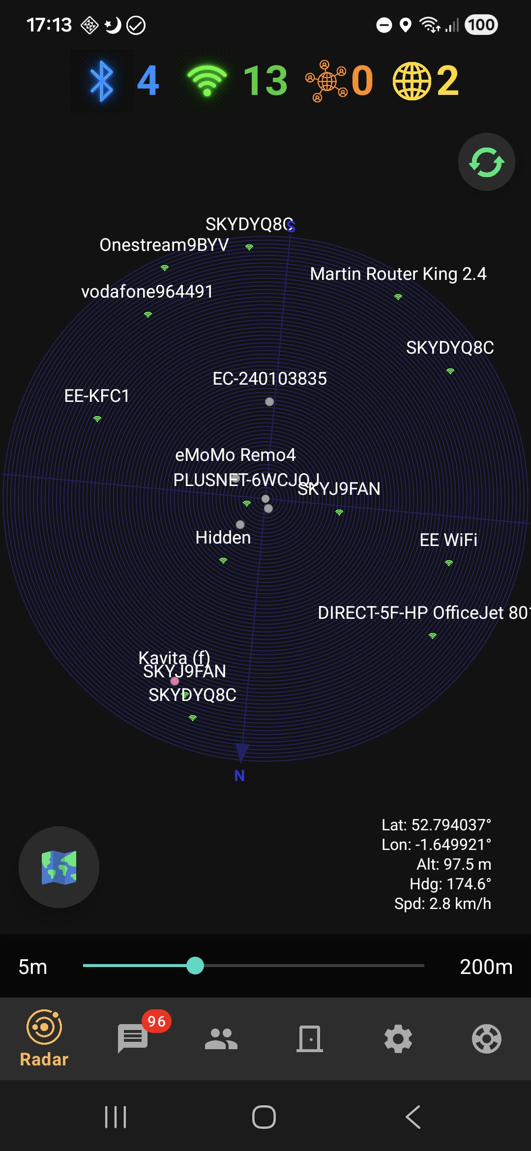 Radar screen showing nearby contacts