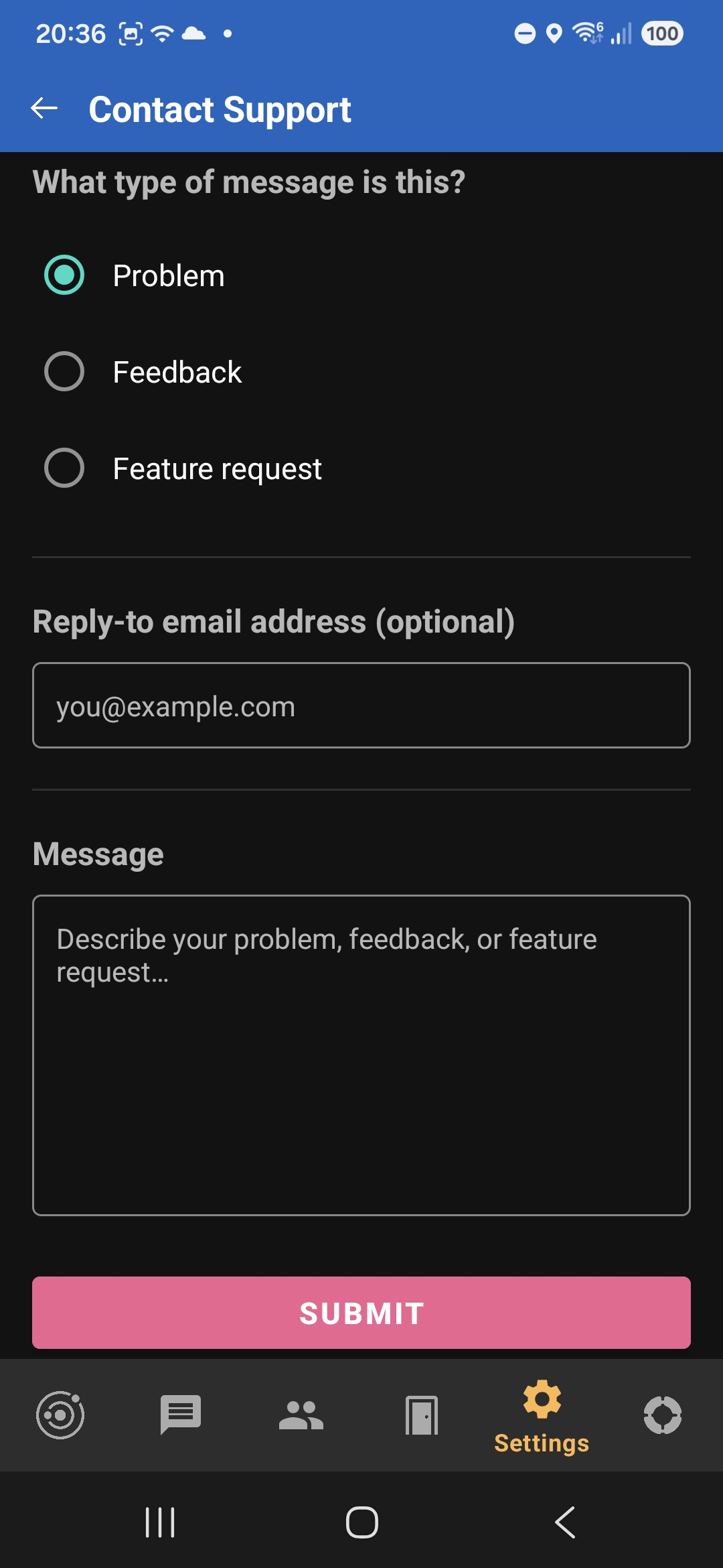 In-app support contact screen
