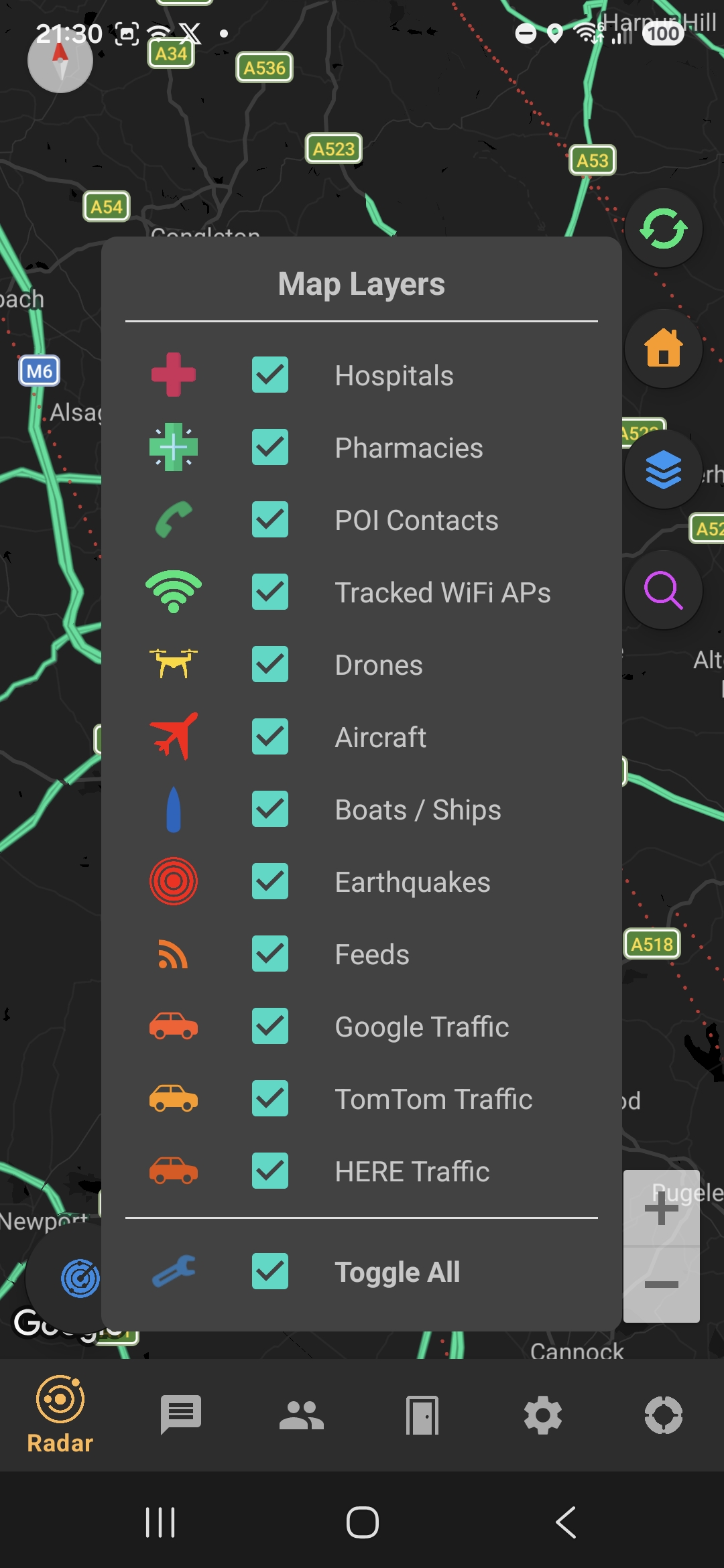 Full map layer toggle menu